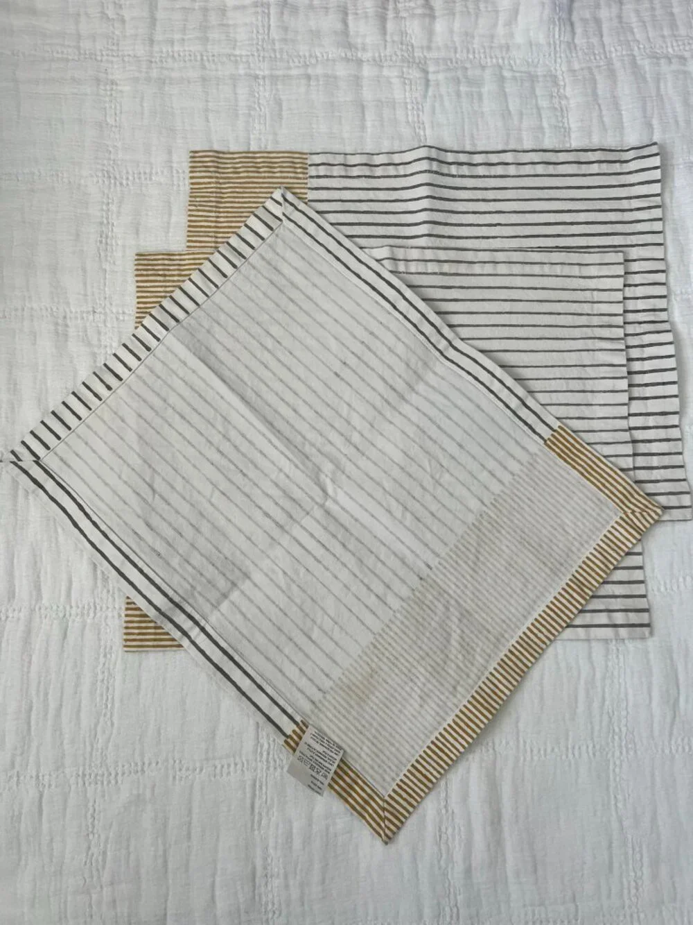 Crate & Barrel Oliver White Gray Mustard Stripe Placemats Set of 3 Cotton 14x19